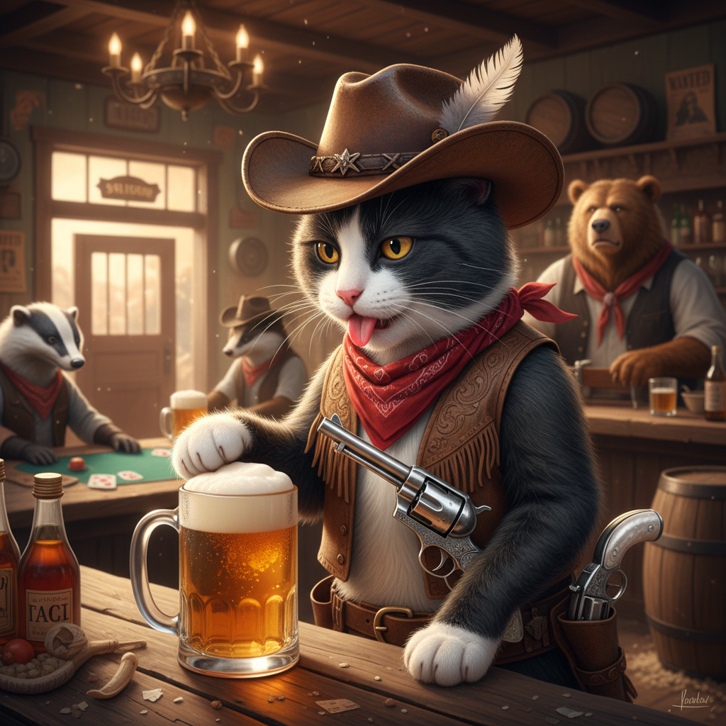 !nb A cat with cowboy hat, drinking a beer at a western pub. He's got very shiny guns in his holste…