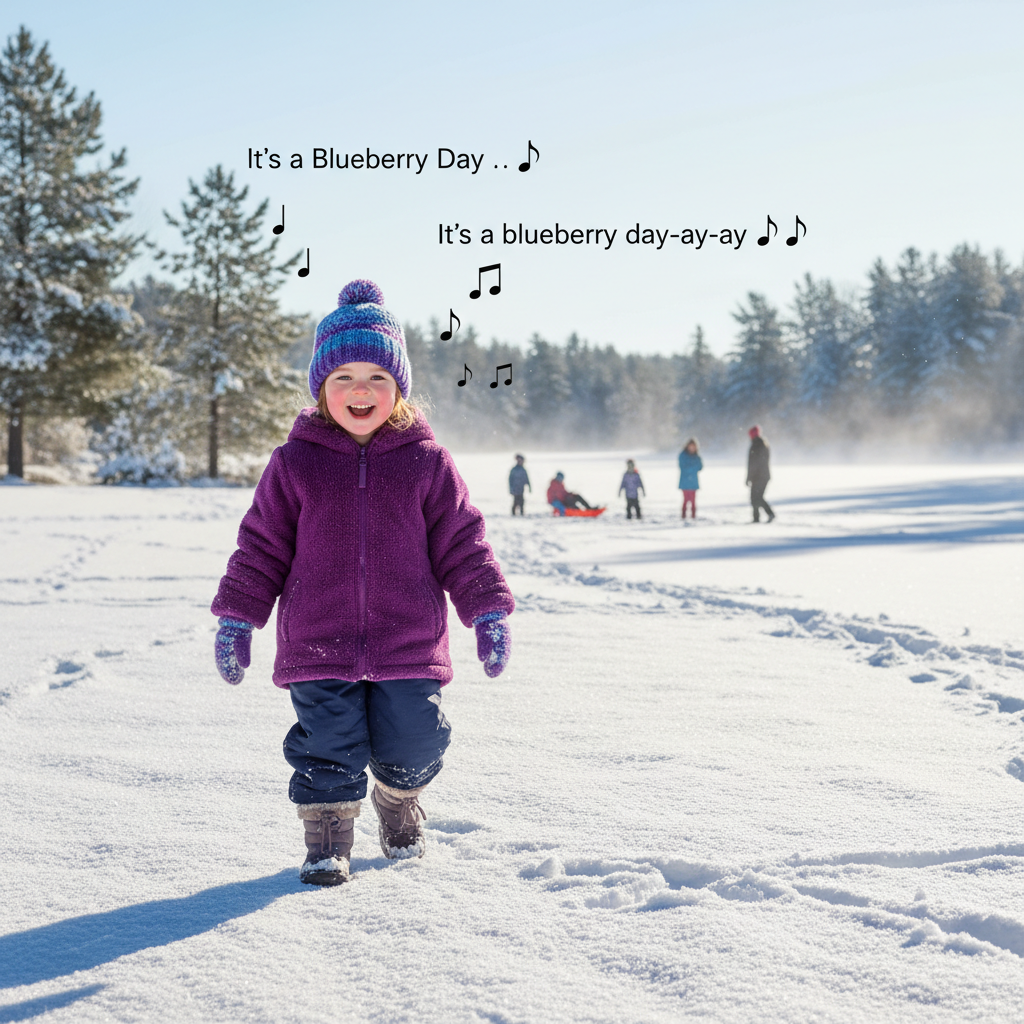 !nb A girl, 3 1/2 years old decked out in winter attire: a purple coat, snow pants, boots, a cute h…