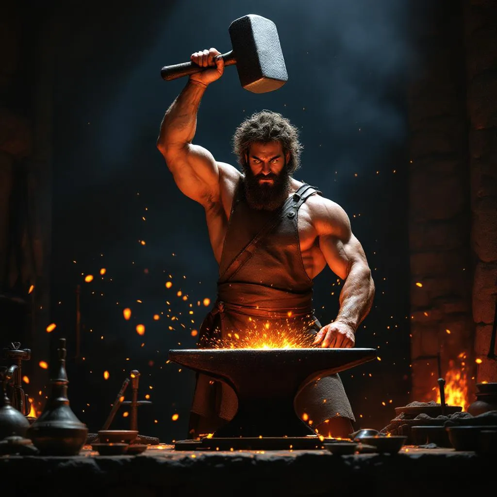 !flux epic hephaestes swinging a hammer over an anvil