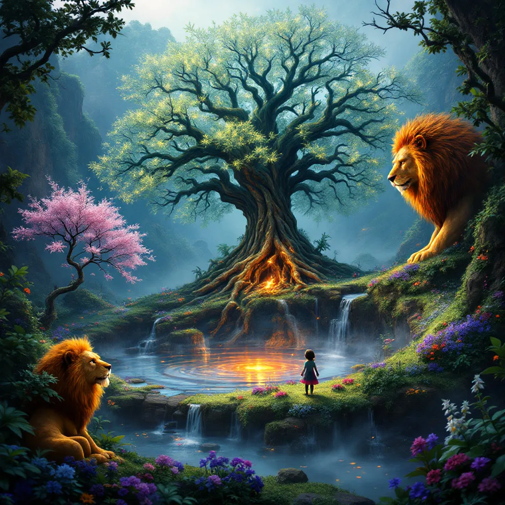 !flux An enchanted caldera filled with whimsical creatures, where each tree has a unique personalit…