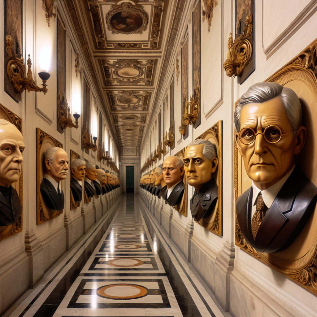 !dalle a corridor in the white house with a trump mask, a biden mask, and masks of other famous peo…
