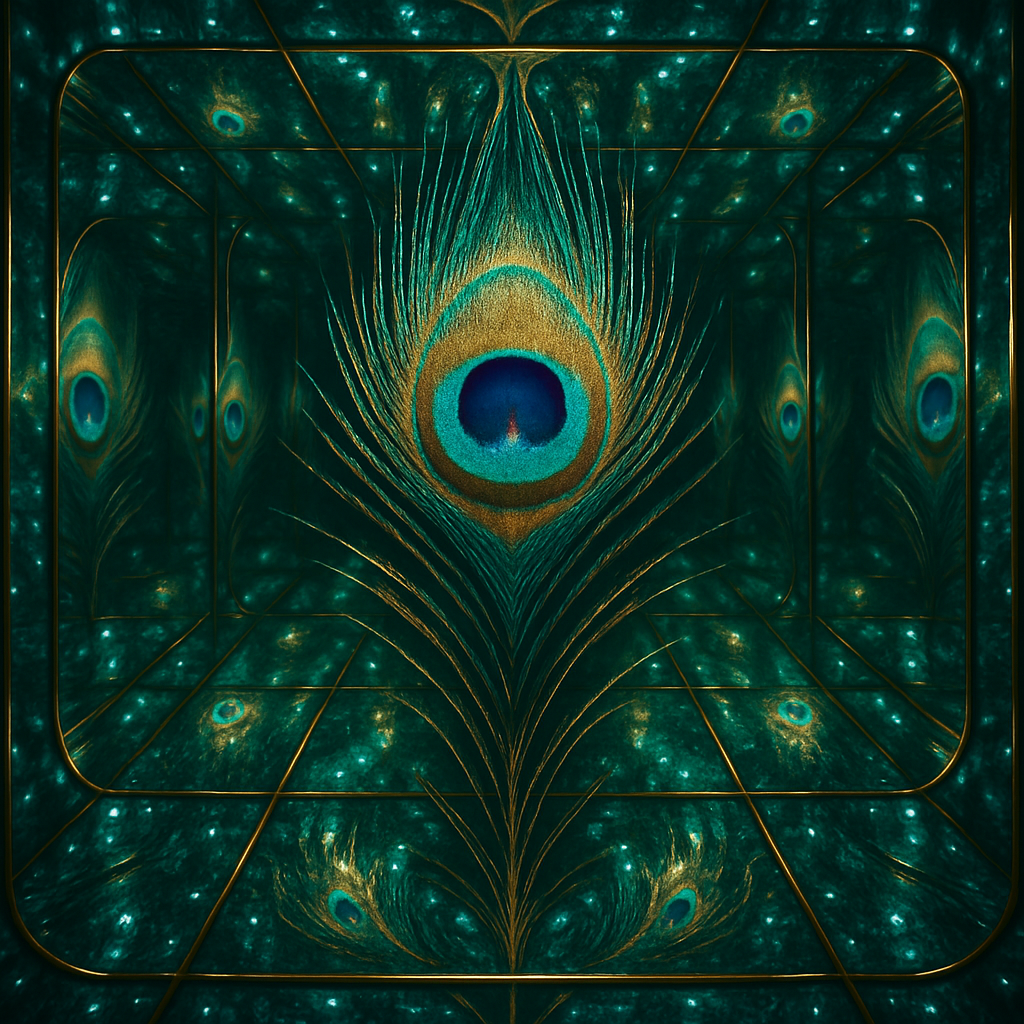 !gpt4o A stunning peacock feather reflected within a Fractal Infinity Mirror, creating endlessly re…