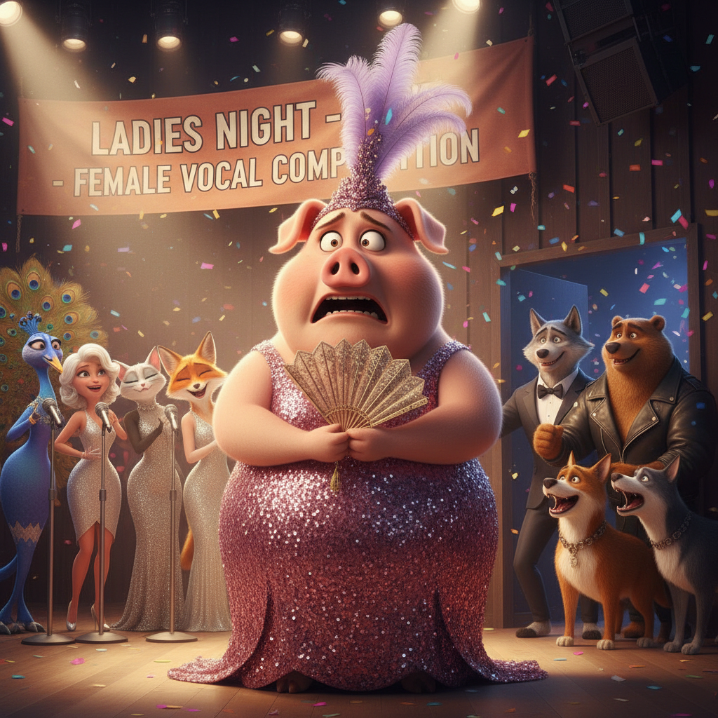 Miss Big Pig frightens of the fenale competition on ladies night when the boys arrive.  !nb
