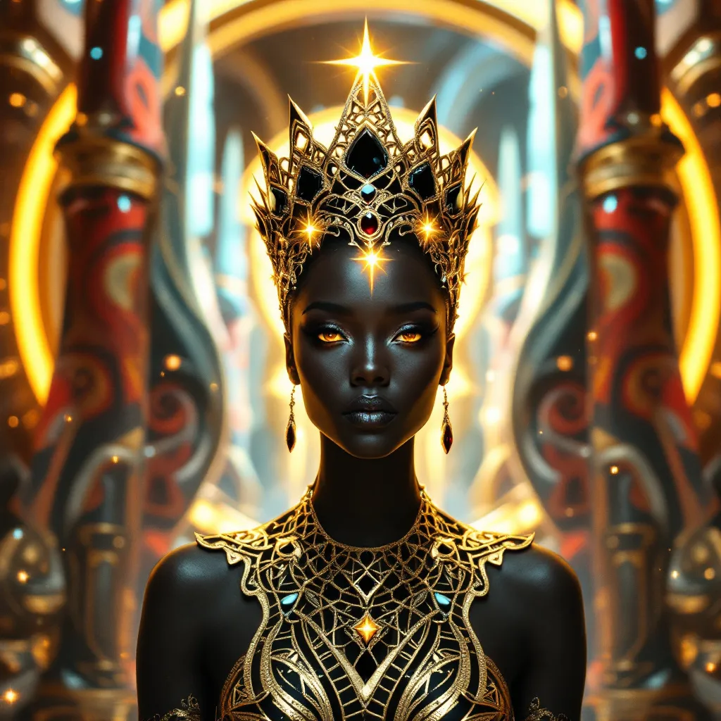 !flux11 A regal Black Queen, afrofuturism, wearing a geometric crown fused with tribal patterns in …