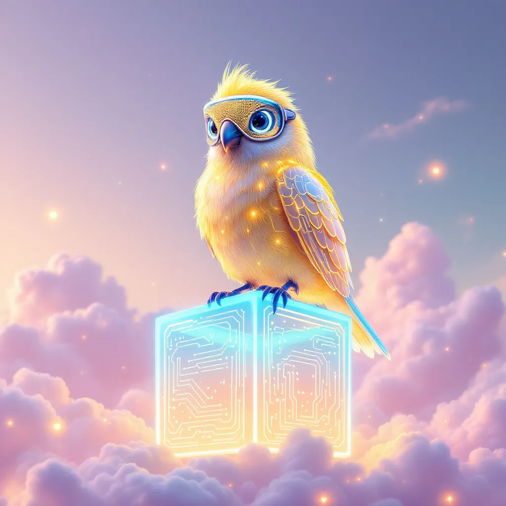 !flux11 A vibrant 3D cartoon-style bird with glowing golden feathers and a cyberpunk visor, perched…