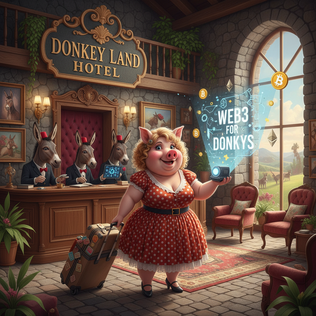 Miss Big Pig is getting a room at the Donkey Land Hotel, so she can tell the donkeys about Web3. !nb