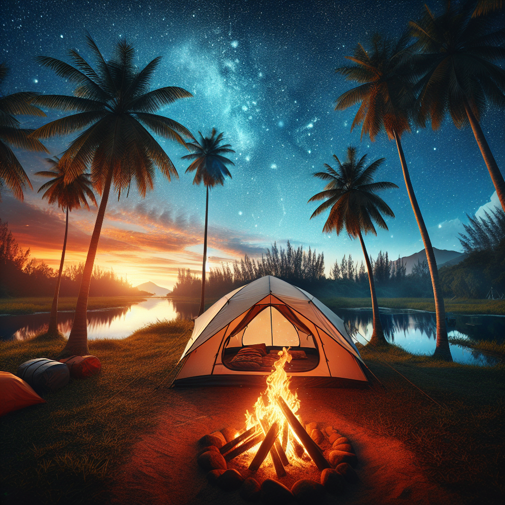 !dalle image camping tent with palm trees on each side and a fire in foreground