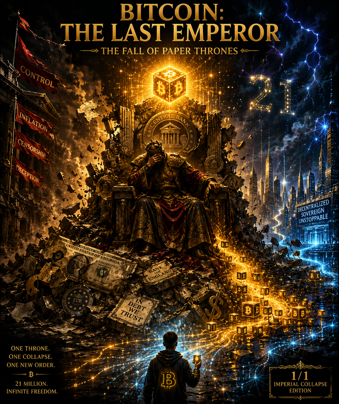 👑⚡ DUAL-LAYER 1/1 NFT LIVE
BITCOIN: THE LAST EMPEROR — THE FALL OF PAPER THRONES
Every empire belie…