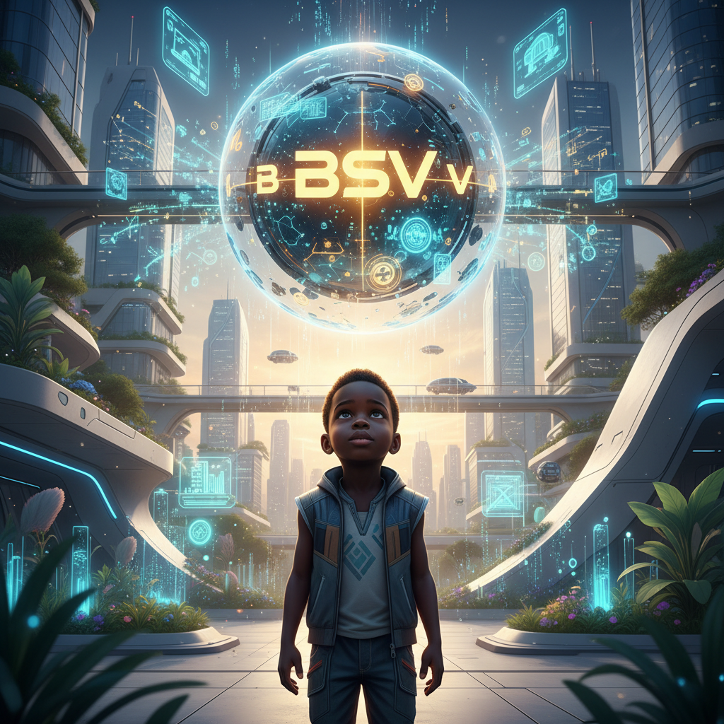 9️⃣ The Future Child
African child looking up at a floating glowing BSV sphere projecting holographic…