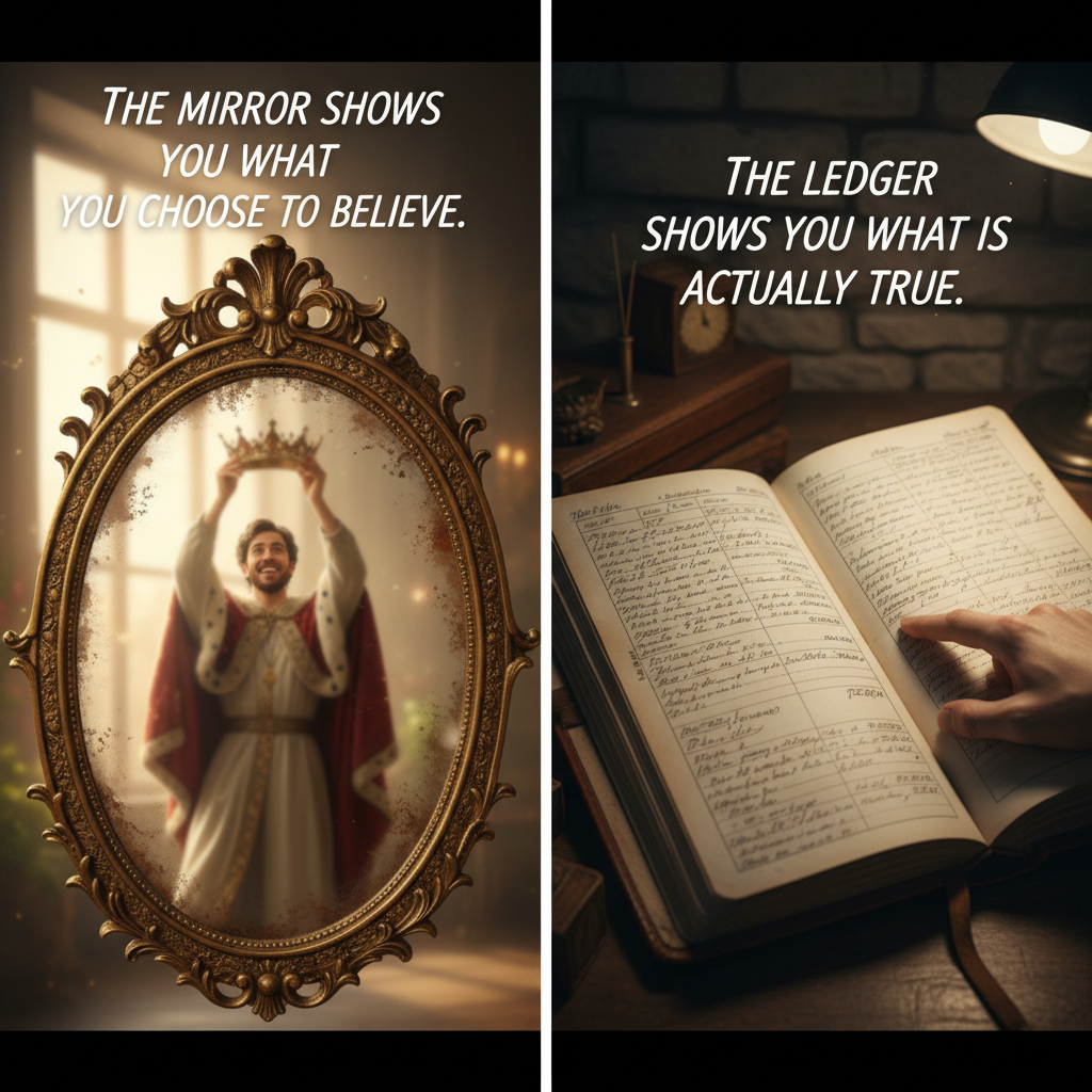 “THE MIRROR SHOWS YOU WHAT YOU CHOOSE TO BELIEVE.
THE LEDGER SHOWS YOU WHAT IS ACTUALLY TRUE.”!nb