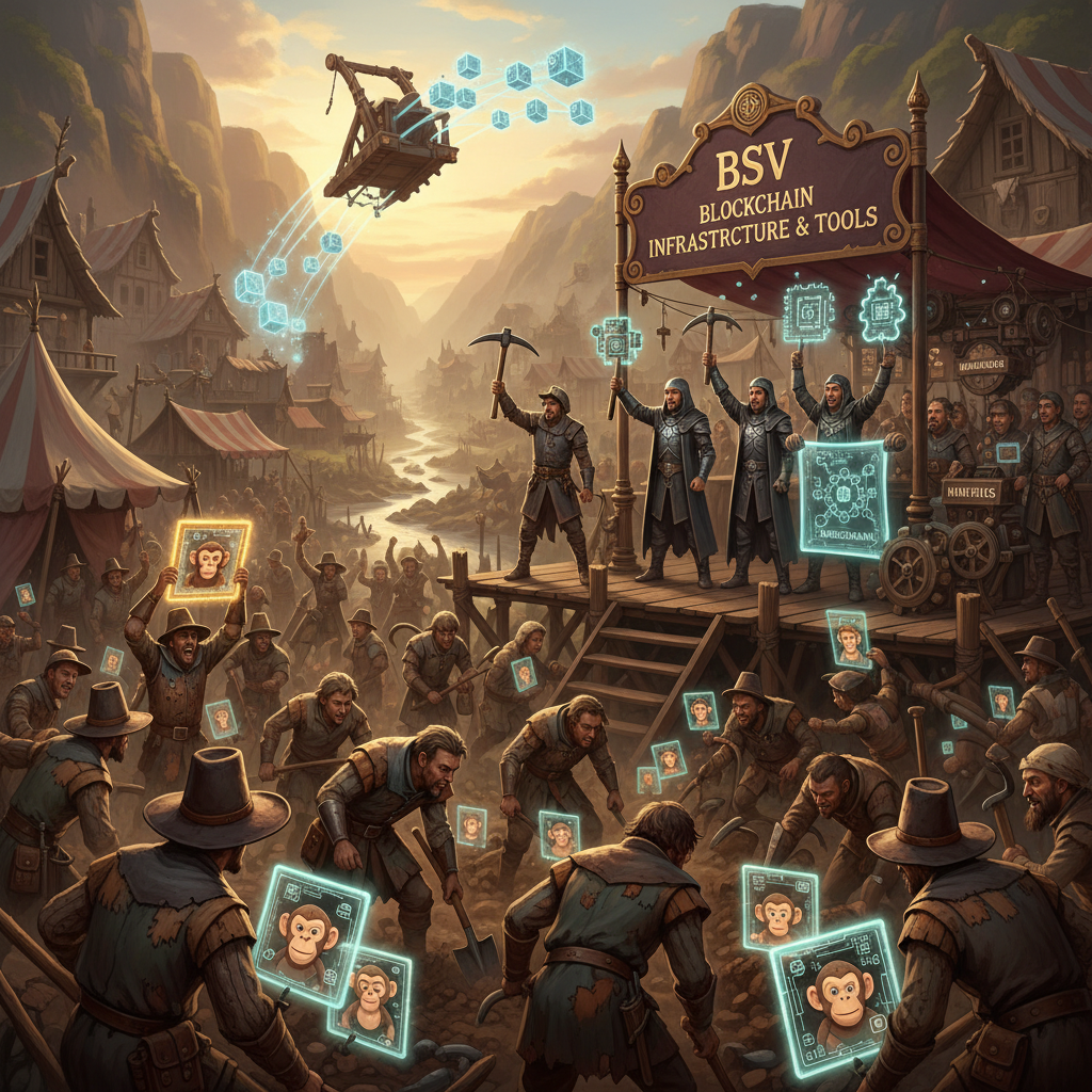 !nb A medieval gold rush town where NFT traders dig for monkey pictures while BSV developers sell s…