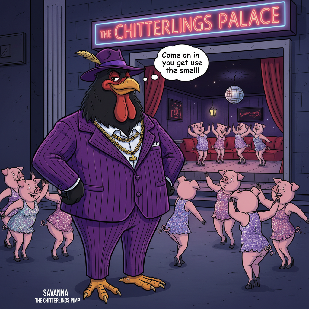 !nb a big black cartoon cock named Savanna the chitterlings pimp at a gentlemen club surrounded by …