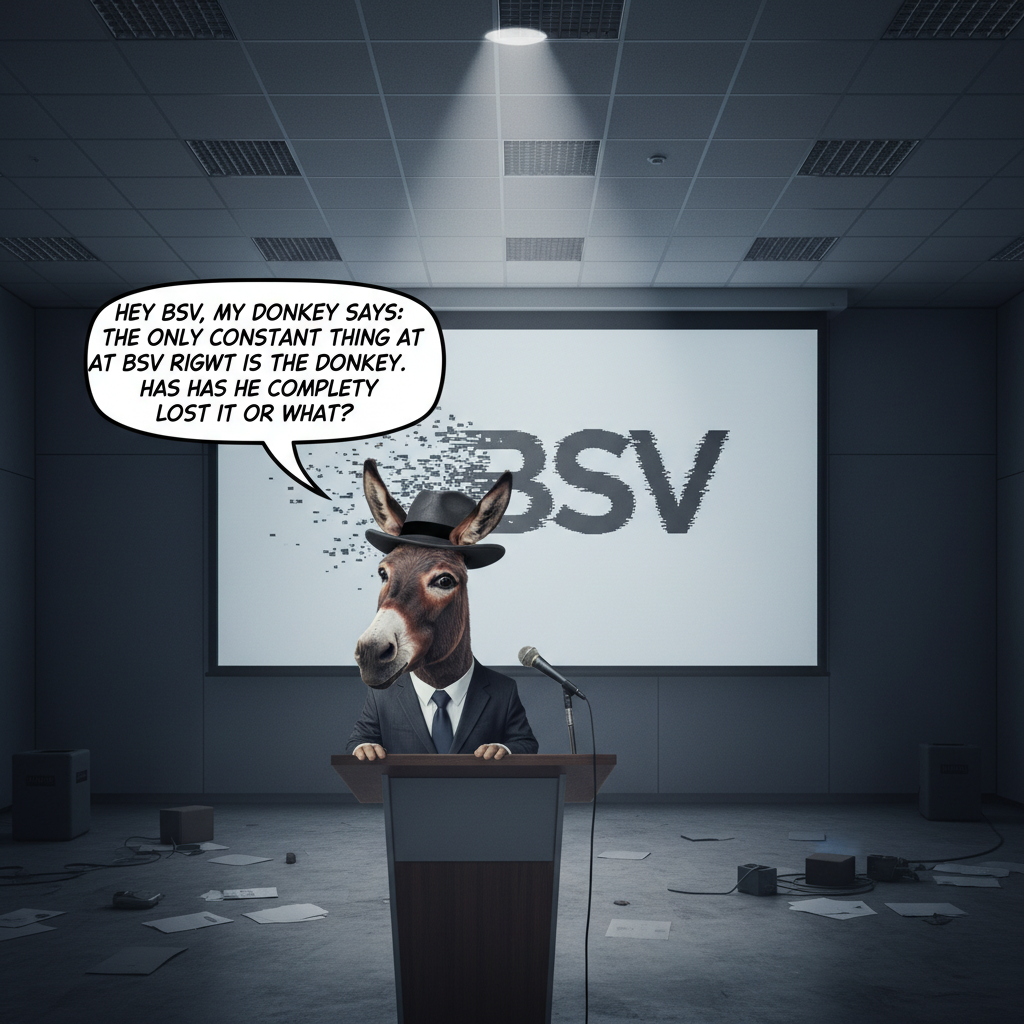 !nb Hey BSV, my Donkey says: The only constant thing at BSV right now is the donkey. Has he complet…