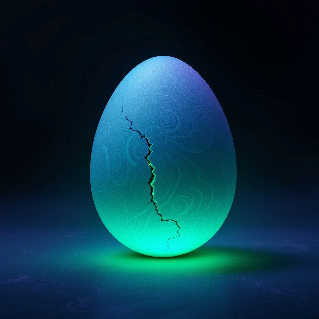 !animate_kling a dark aqua smoke slowly cascades across the ground. the egg pulses with neon aqua a…