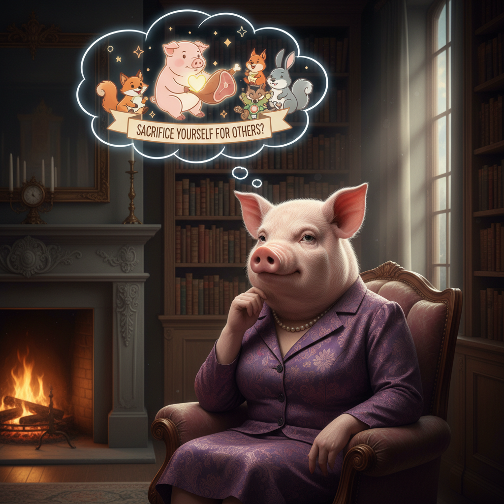 Miss Big Pig is thinking of what it means to "sacrifice yourself for others"? !nb