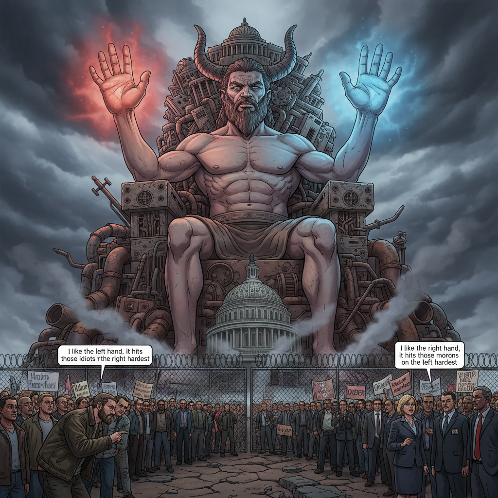 !nb A gigantic statue of Baal sitting on a throne made of Capitol, industry, pipes etc. he has both…