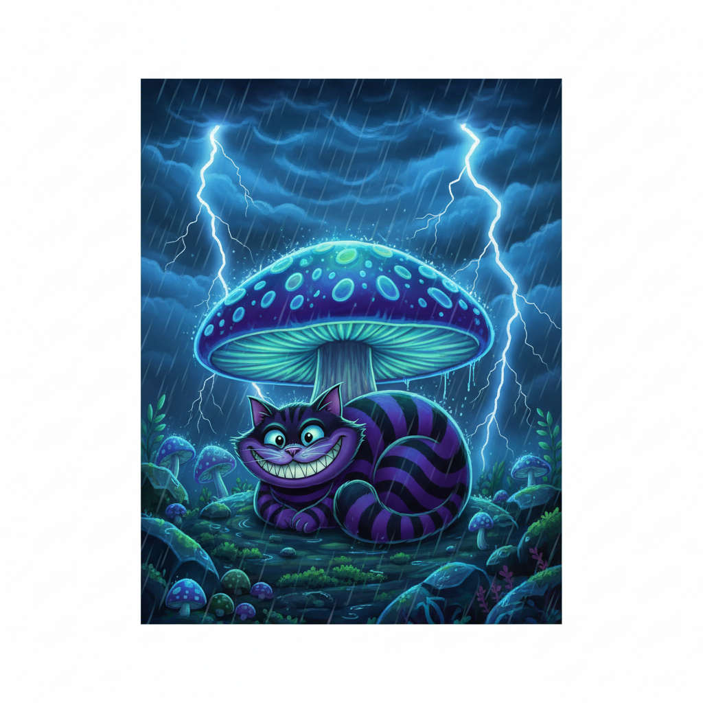 !nb 2" x 7" Caricature Cheshire cat with black and purple stripes, curled up under, a mystical magi…