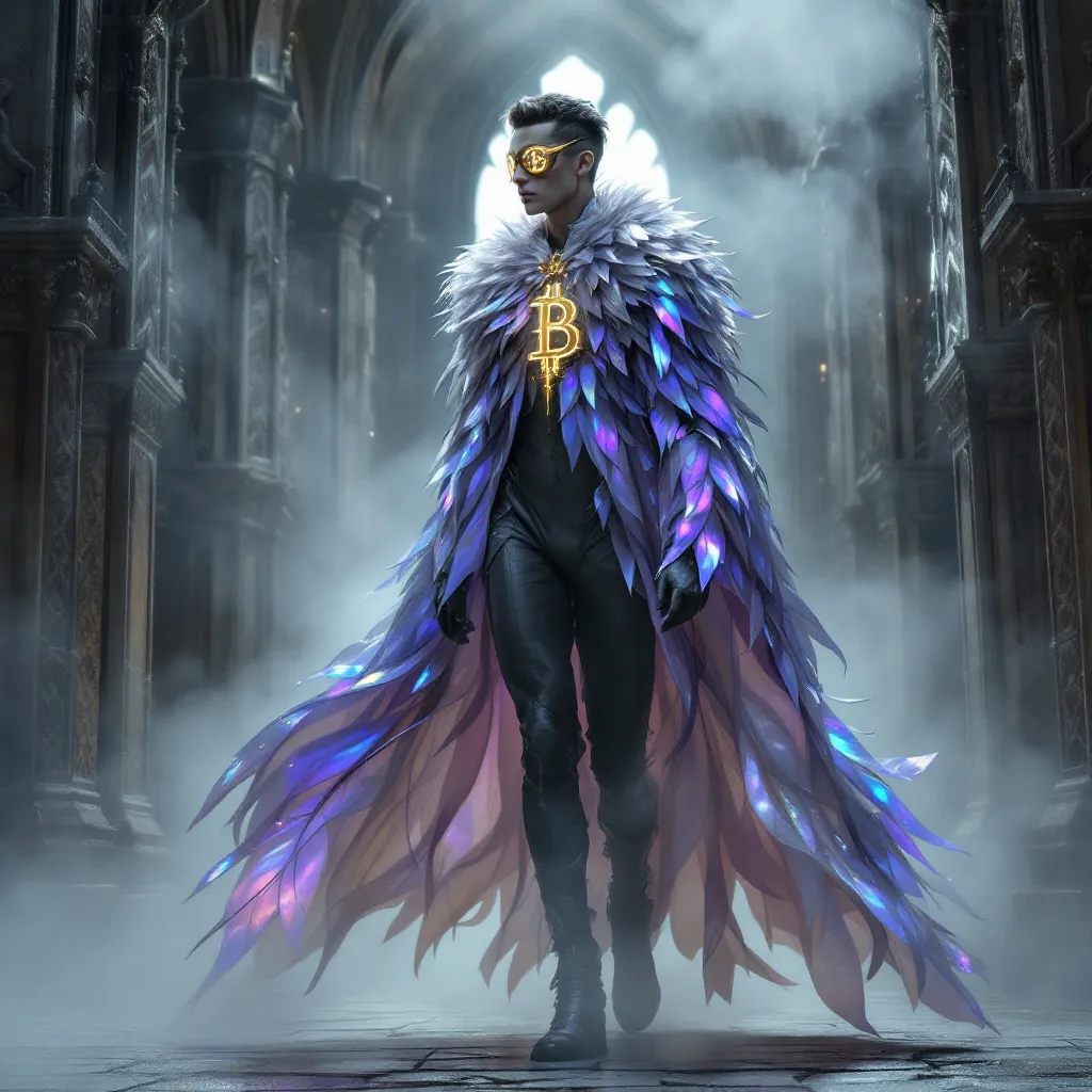 !flux11 Tall and elegant, with metallic plumage and a Bitcoin eye patch, walking through a misty de…