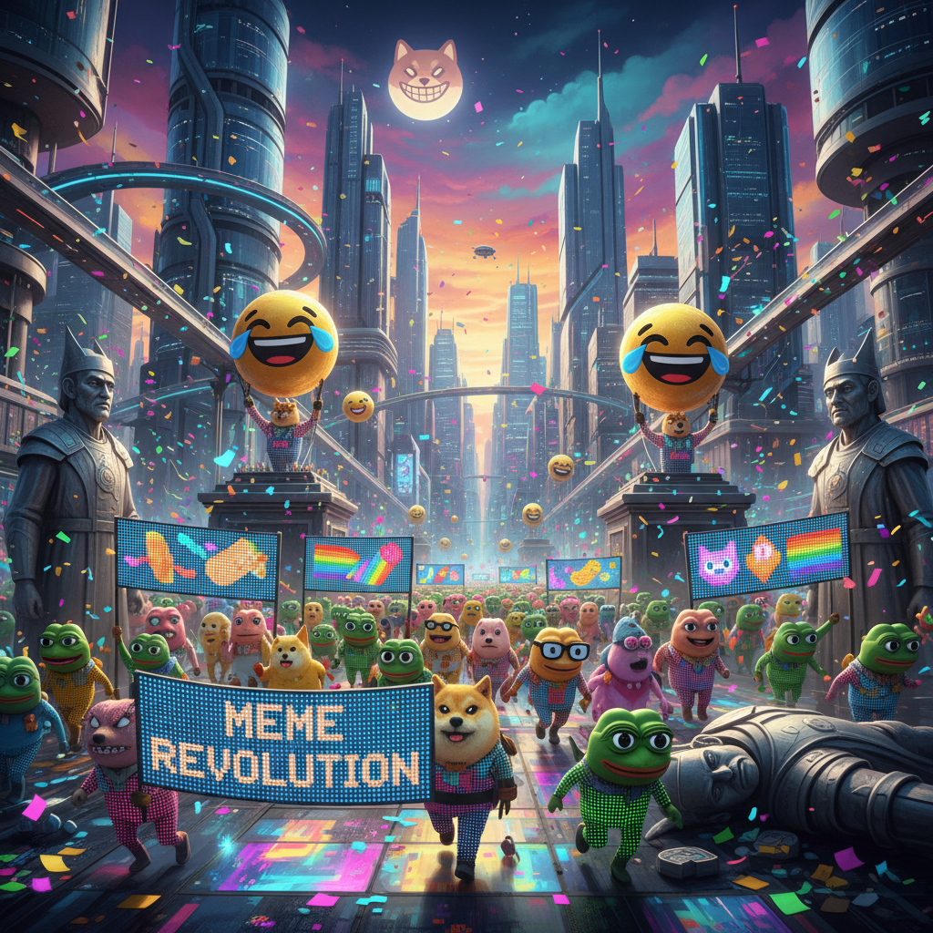 Meme Revolution
!nb A crowd of colorful meme creatures marching through a futuristic city carrying …