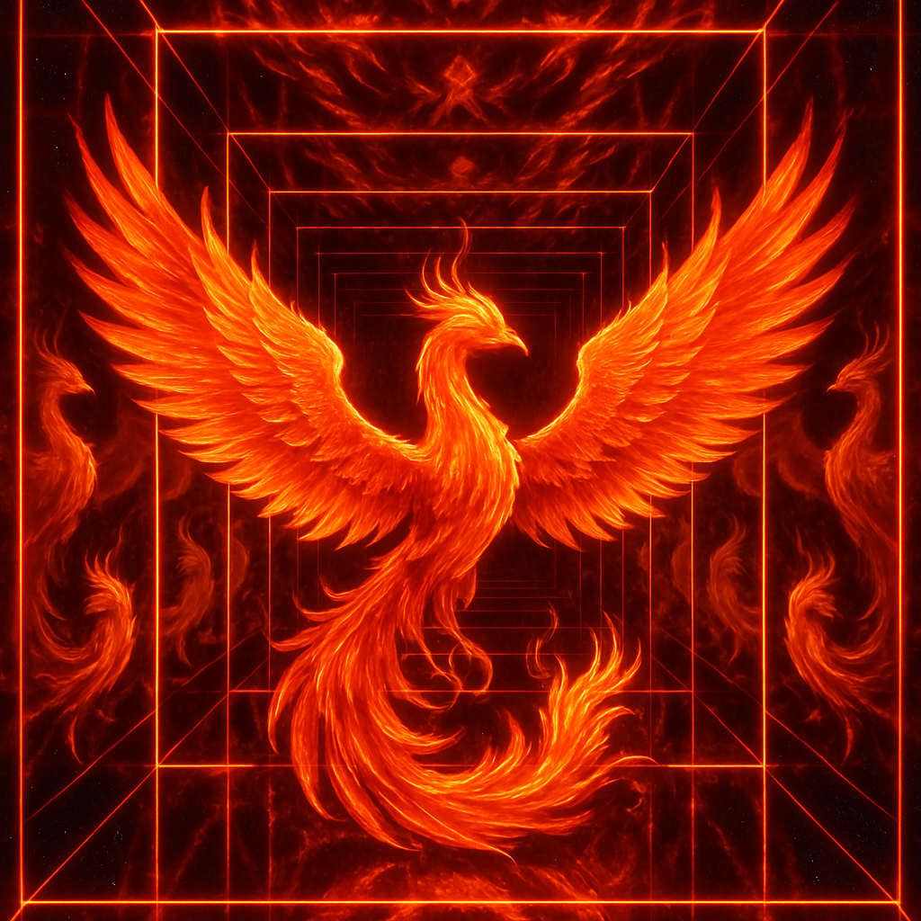 !gpt4o An elegant phoenix reflected within a Fractal Infinity Mirror, creating endlessly repeating …