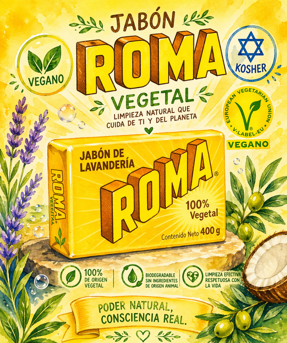 “El nacimiento del Jabón Vegetal Roma”
VIÑETA 1
(Fábrica estilo acuarela amarilla/dorada, vibra vin…