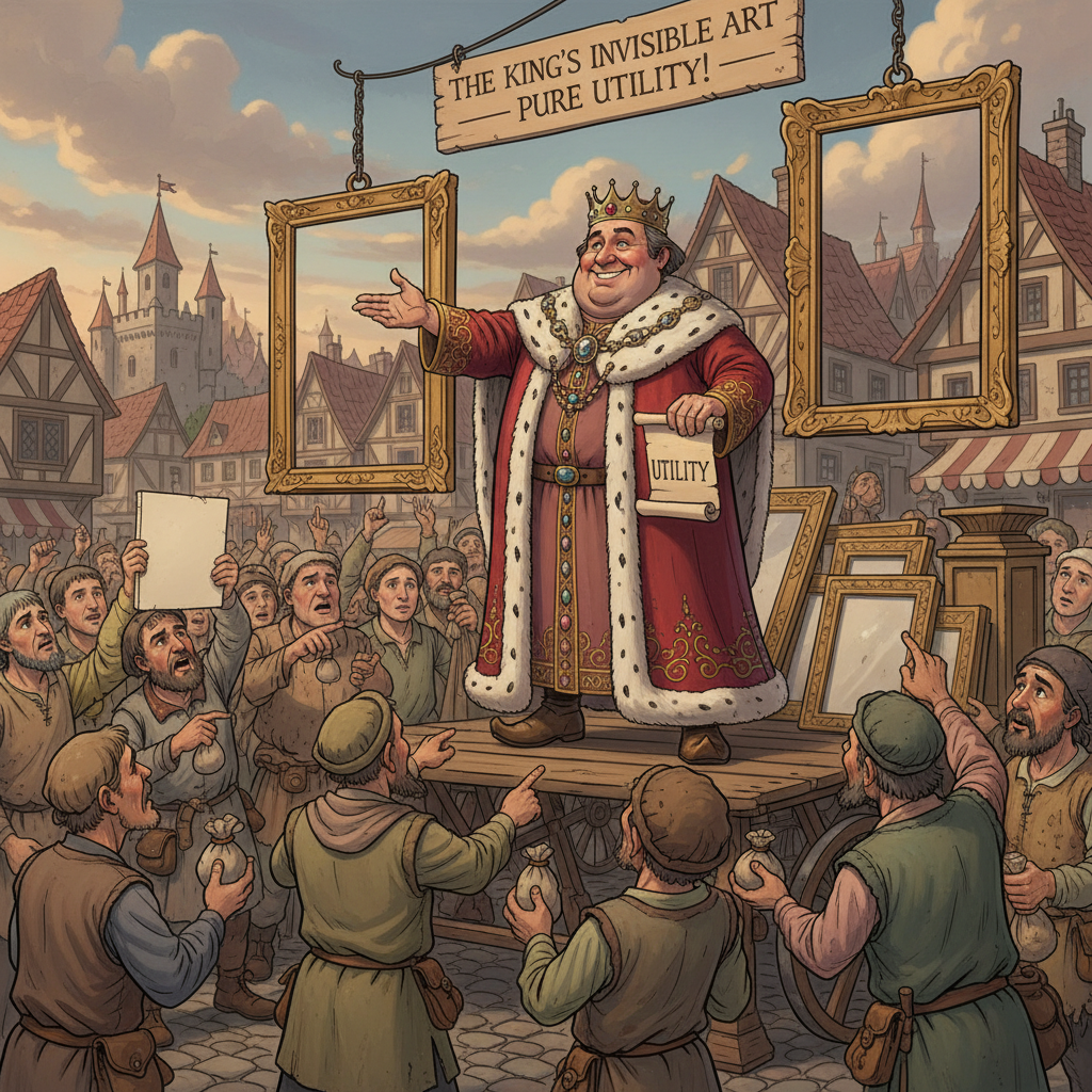 !nb A medieval king selling invisible paintings to peasants calling it “utility”