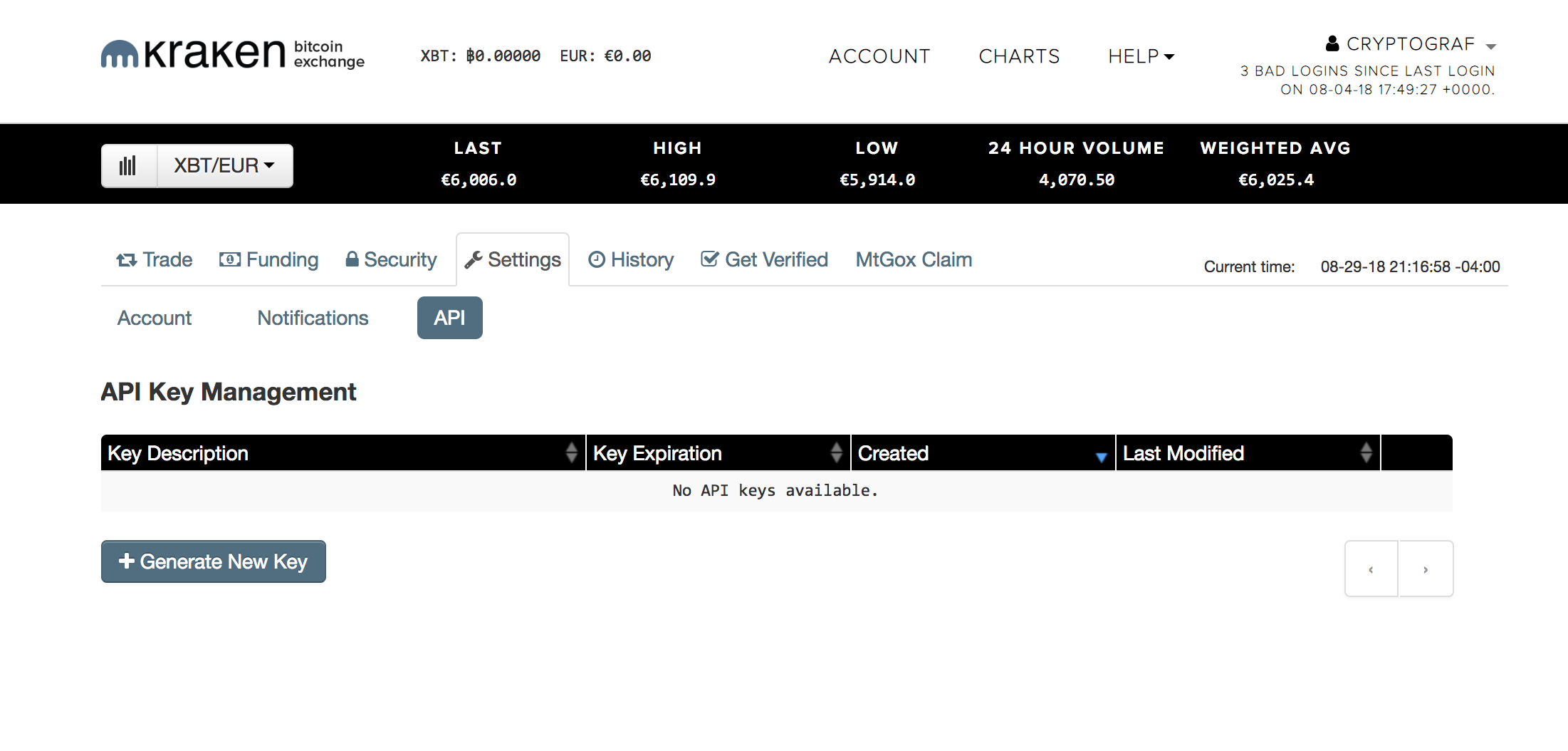 While on the Settings page, select "API" tab. Create a new API Key by selecting "+ Generate New Key…