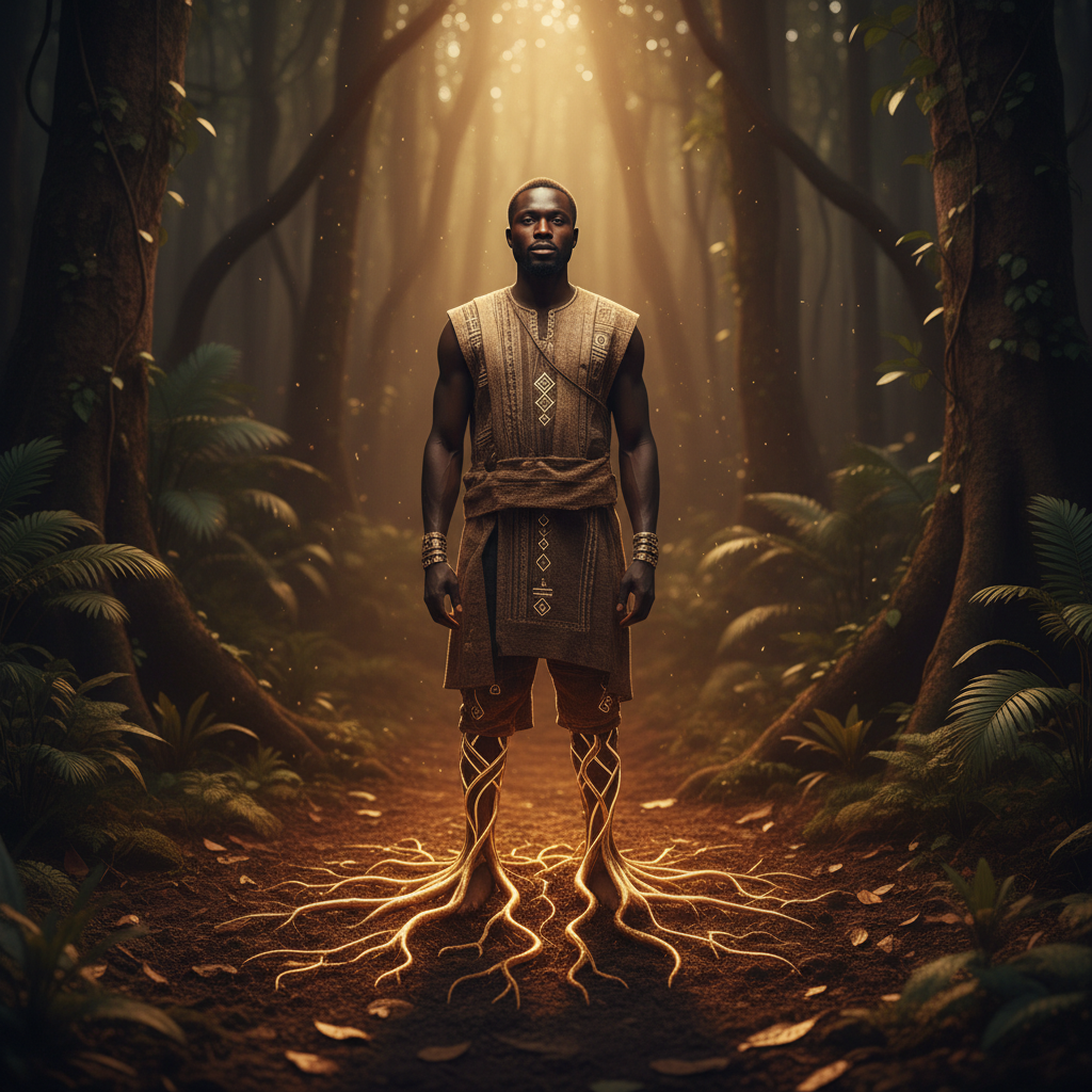 2. Roots of Gold
African man standing barefoot on soil, golden roots growing from his feet into the…