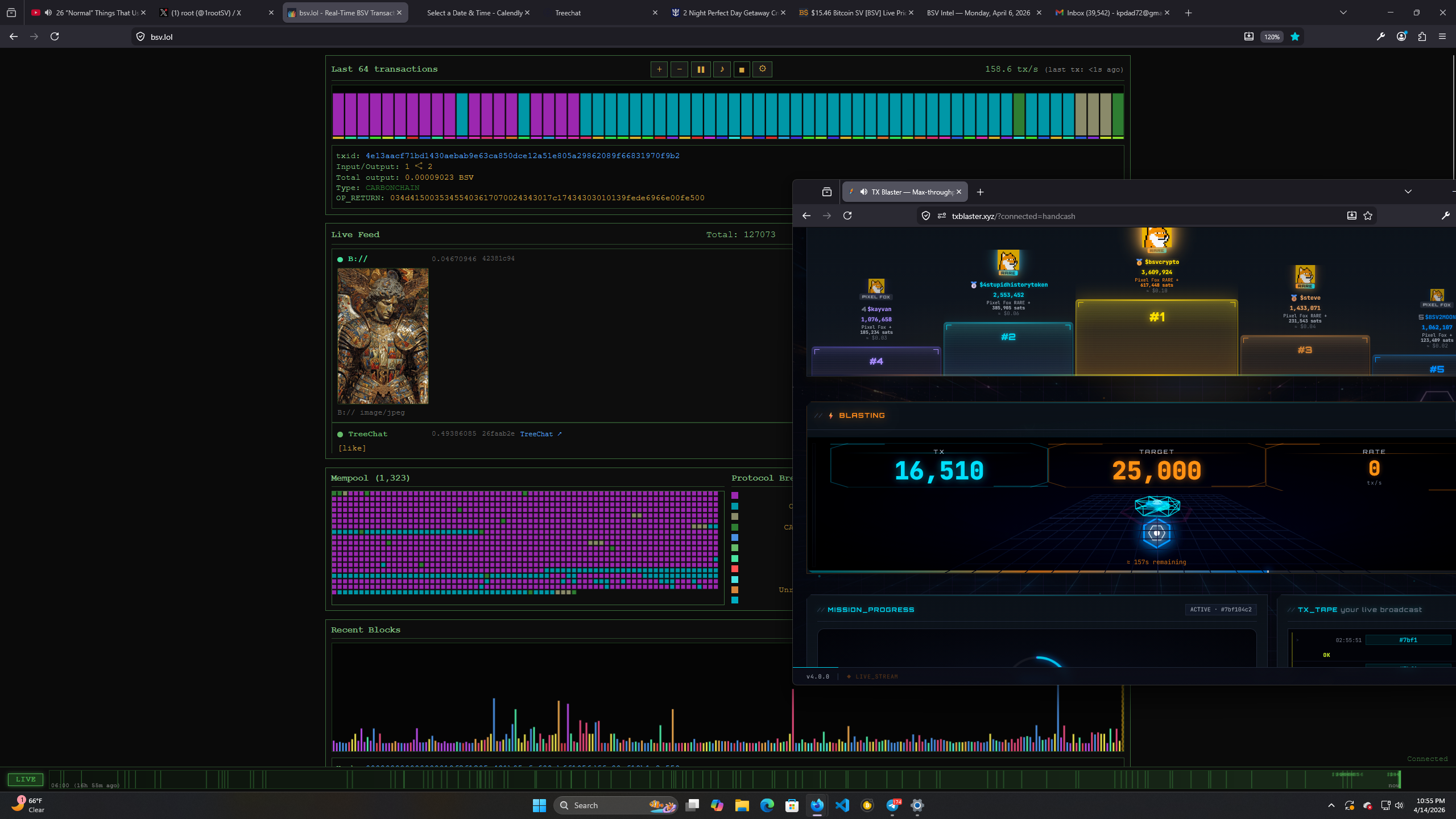 https://txblaster.xyz/ and bsv.lol watching the gatlingun run transactions off!