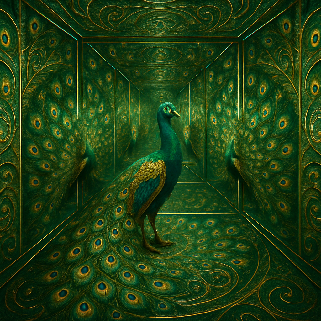 !gpt4o A majestic peacock reflected within a Fractal Infinity Mirror, creating endlessly repeating …