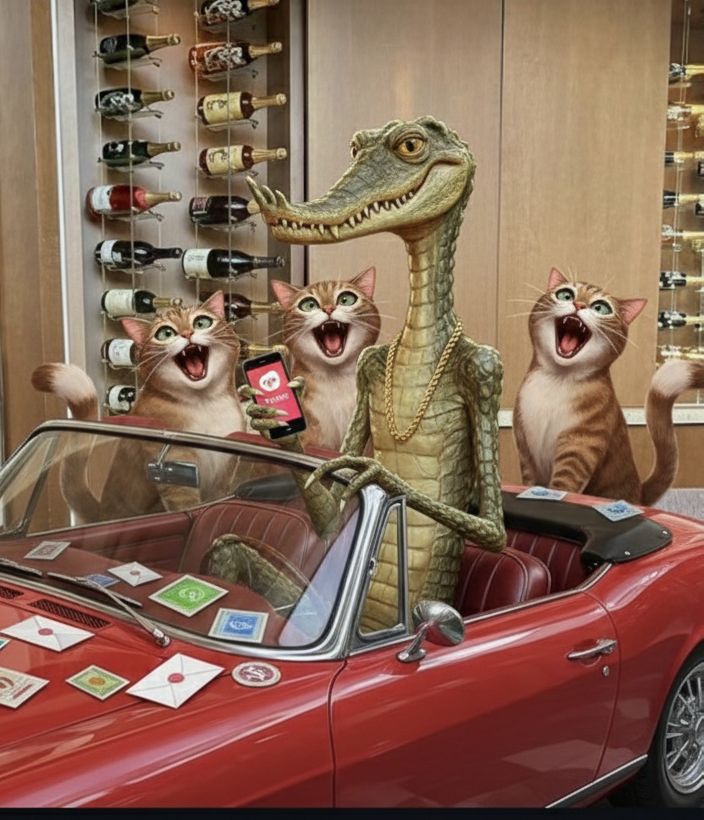 El cocodrilo ya salió a la carretera 🐊🚗
Convertible rojo, tres gatas maullando en coro, sobres de W…