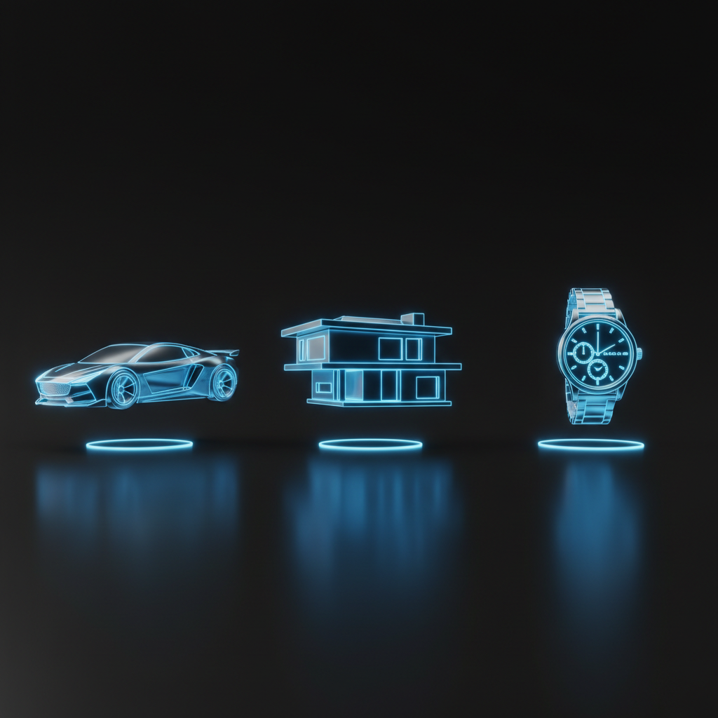 !nb Ultra-minimal futuristic Web3 icon display featuring three objects arranged horizontally in a c…