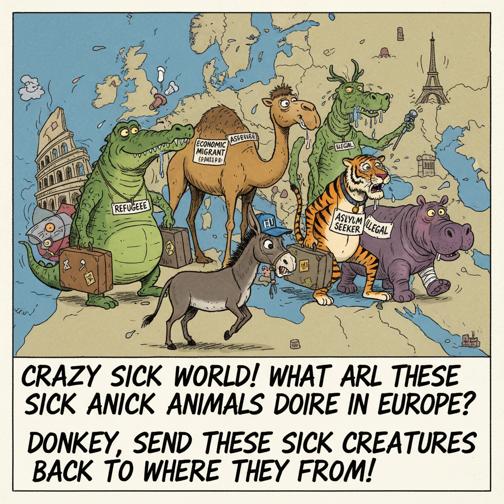 !nb Crazy, sick world! What are all these sick animals doing here in Europe? Donkey, send these sic…