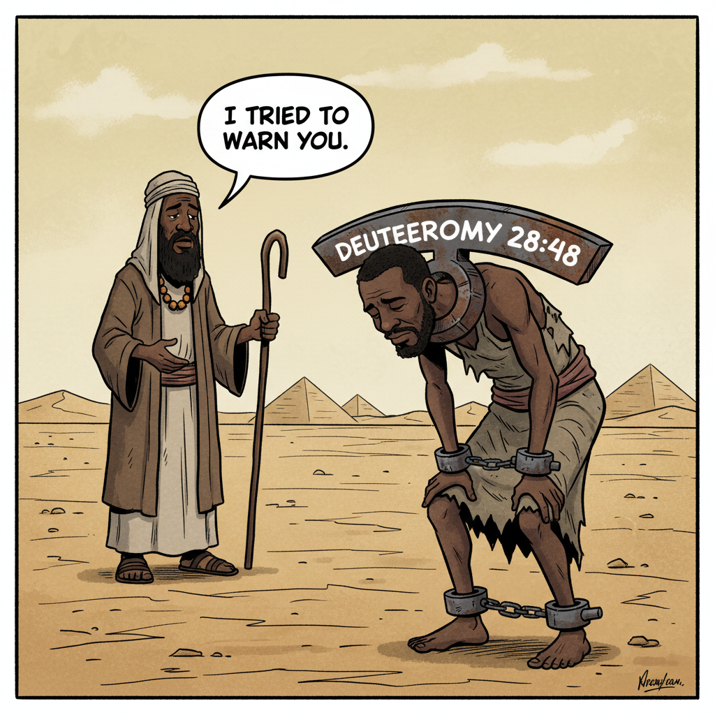 !nb cartoon of black slave with a yoke of iron on his neck with the words and numbers Deuteronomy 2…