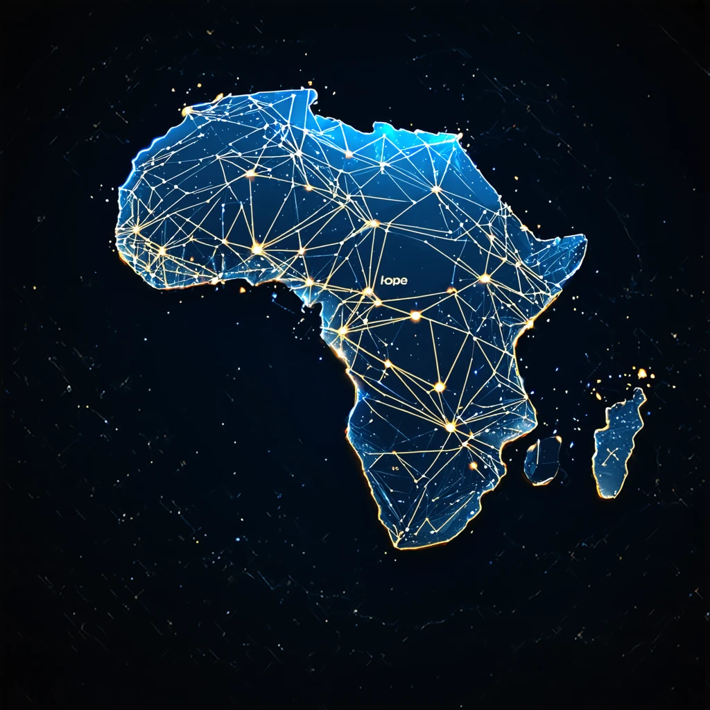 3️⃣ Network of Hope
Africa map made from glowing BSV blockchain nodes connected with golden lines, fl…
