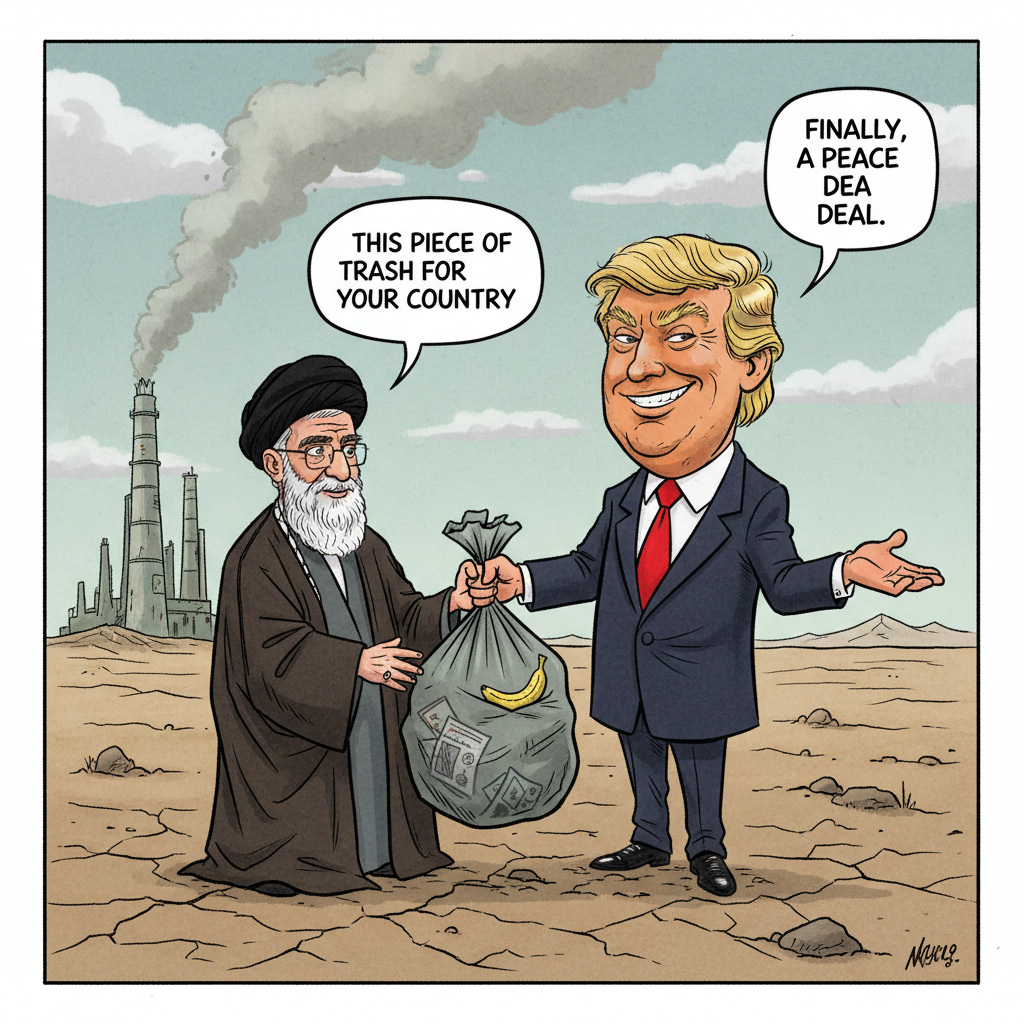!nb cartoon trump gives the ayatollah a piece of trash the ayatollah says “finally a peace deal .” …