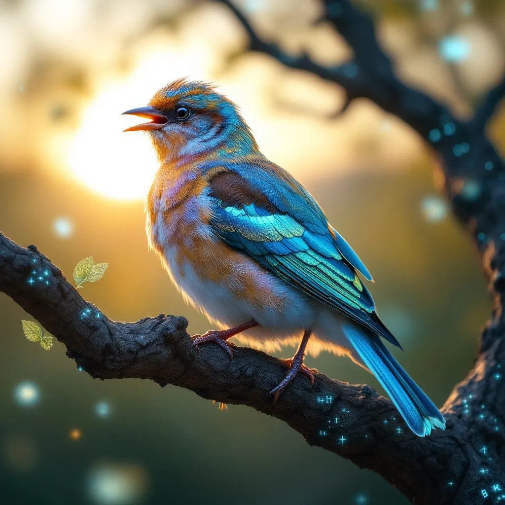 !flux11 A lark with holographic feathers and a glowing ledger scroll, perched on a blockchain tree …