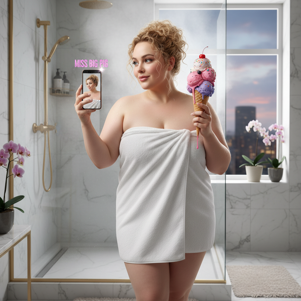 Sex goddess Miss Big Pig gets out of the shower takes a selfie while eating icecream !nb