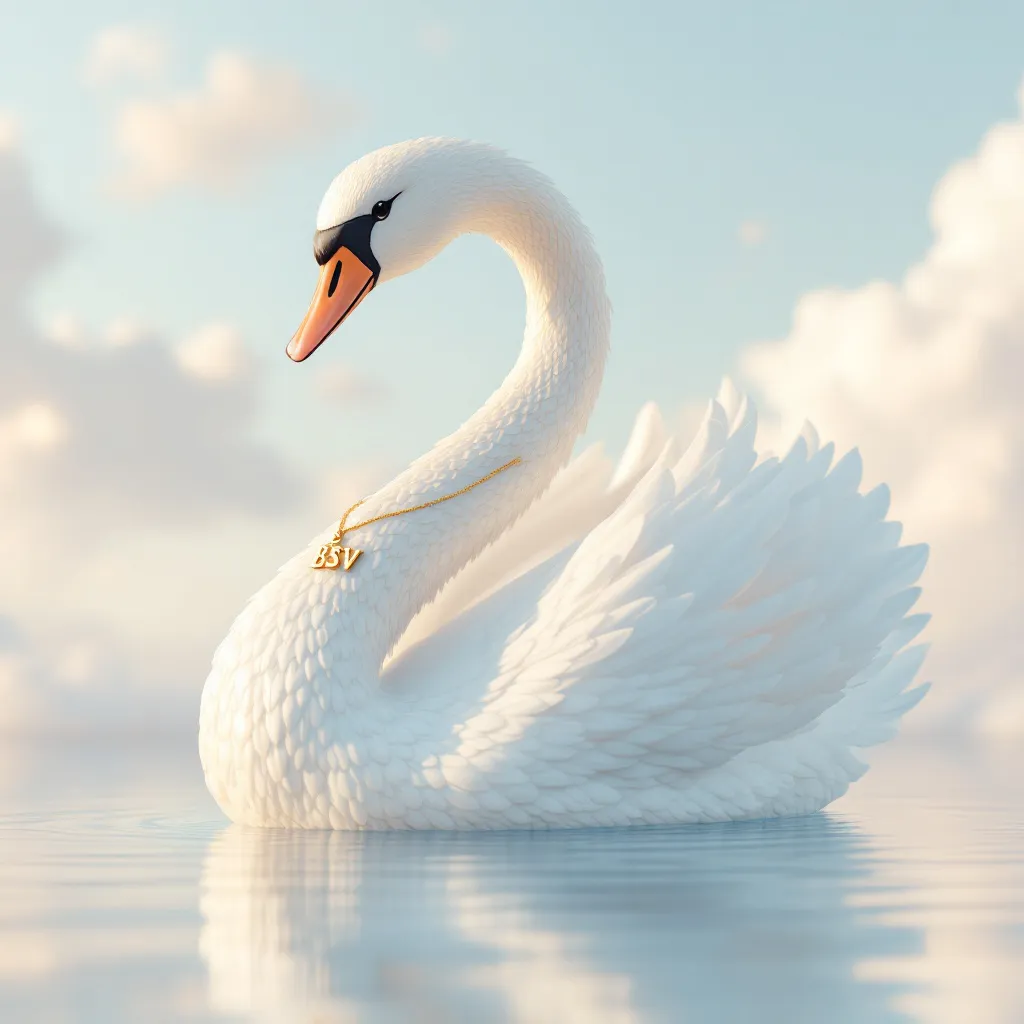 !flux11 Graceful 3D swan with a gold necklace engraved “BSV,” gliding across a glassy lake in a sof…