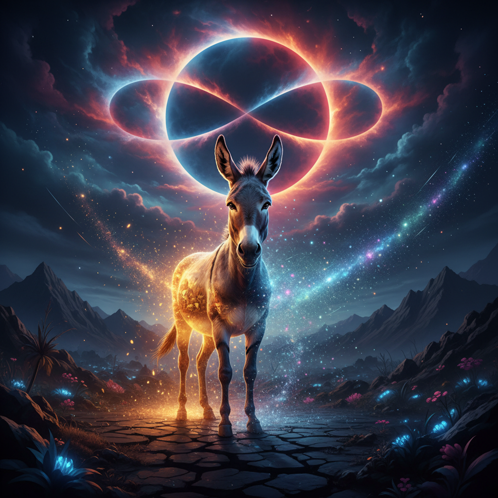 Memory Eclipse
!nb A magnificent donkey standing beneath a rare celestial eclipse, half his body gl…
