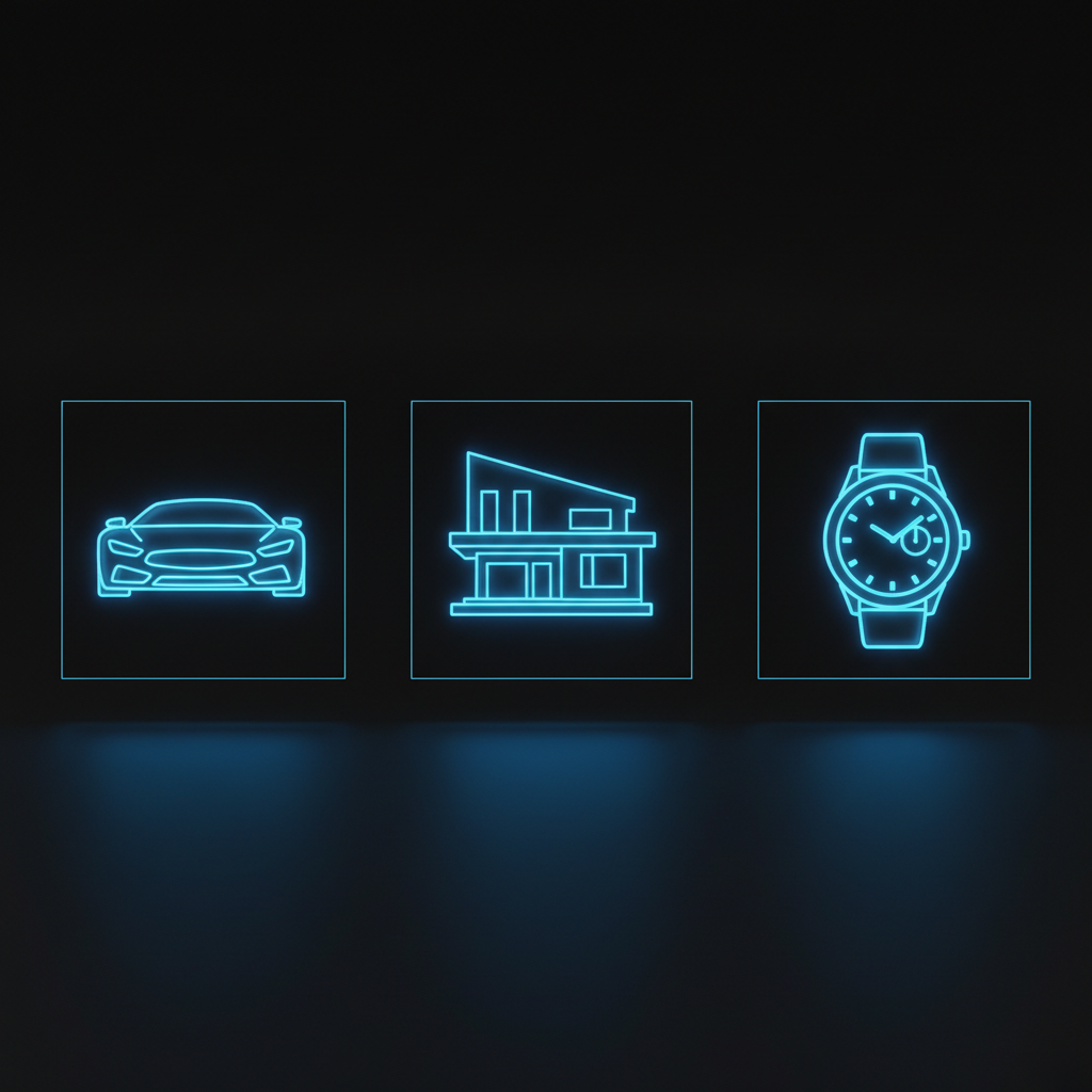 !nb Ultra-minimal futuristic Web3 icon display featuring three objects arranged horizontally in a c…