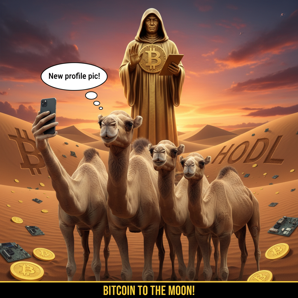 The Desert Hodlers
!nb A camel family taking a cheerful selfie with a towering golden Satoshi statu…