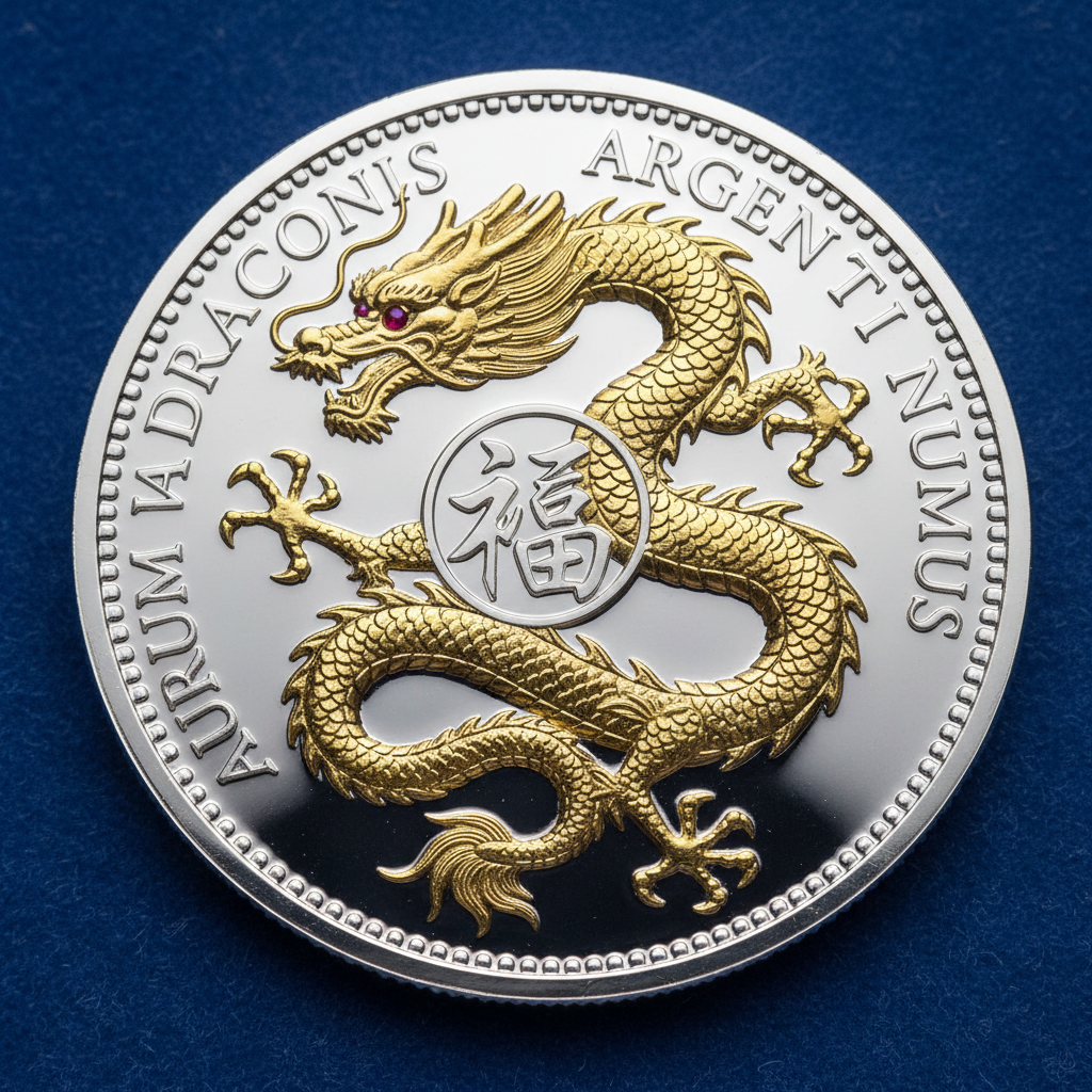 !nb golden dragon on a silver coin