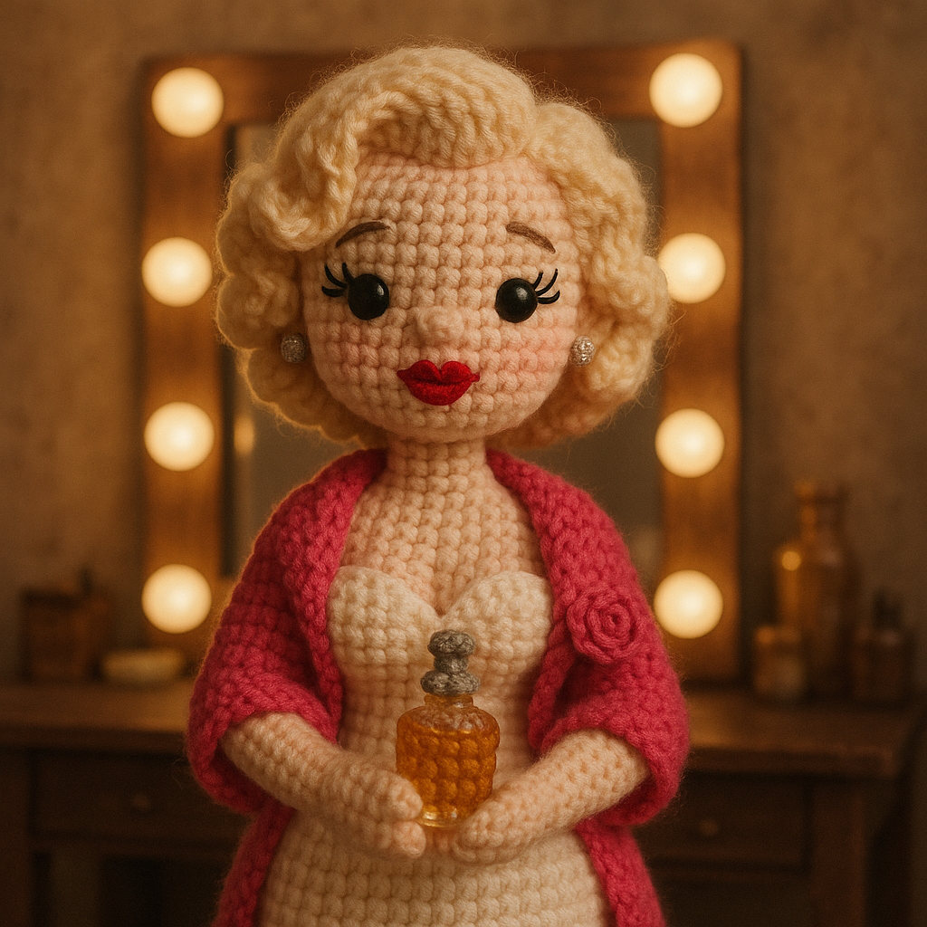 !gpt4o A crochet doll-style of Marilyn Monroe, made with soft yarn textures and intricate handcraft…