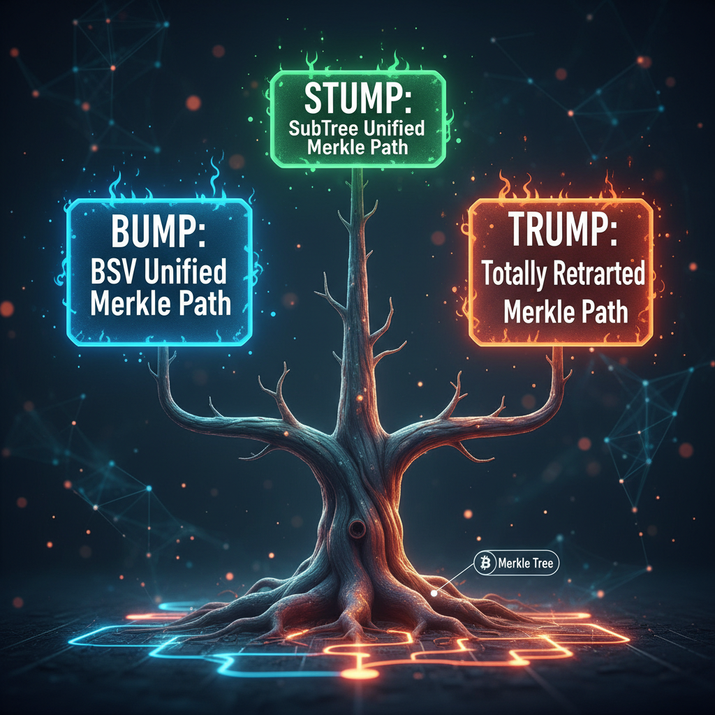 !nb 
BUMP: BSV Unified Merkle Path.
STUMP: SubTree Unified Merkle Path.
TRUMP: Totally Retarded Uni…