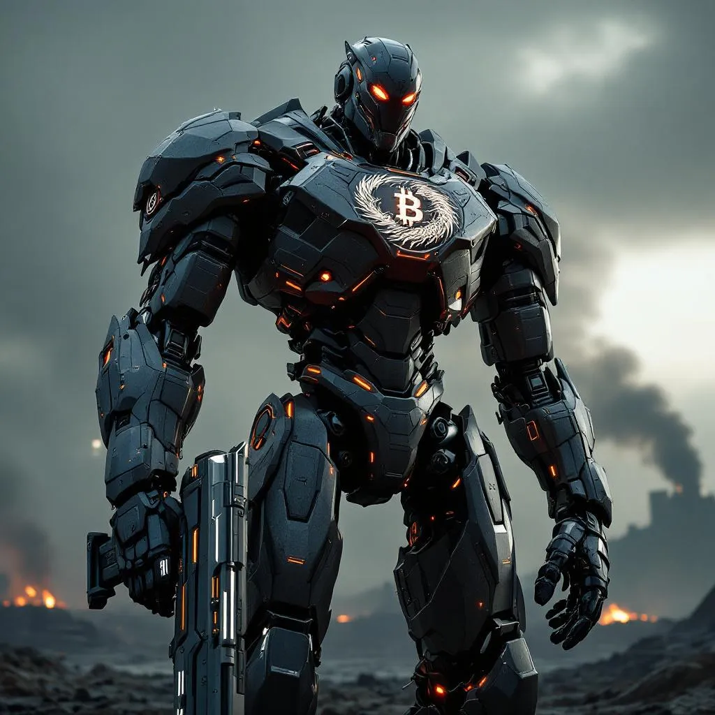 !flux Create an image of a Transformer like creature, a robot, with a "Bitcoin SV" Dragon Image on …