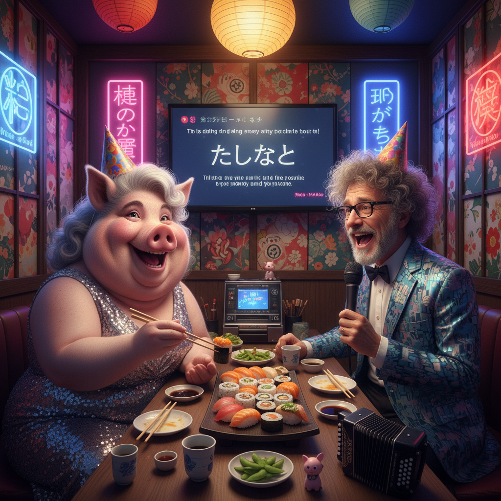 Miss Big Pig is feeling better, she is on a date for sushi and karaoke tonight with Wierd Al Yankav…