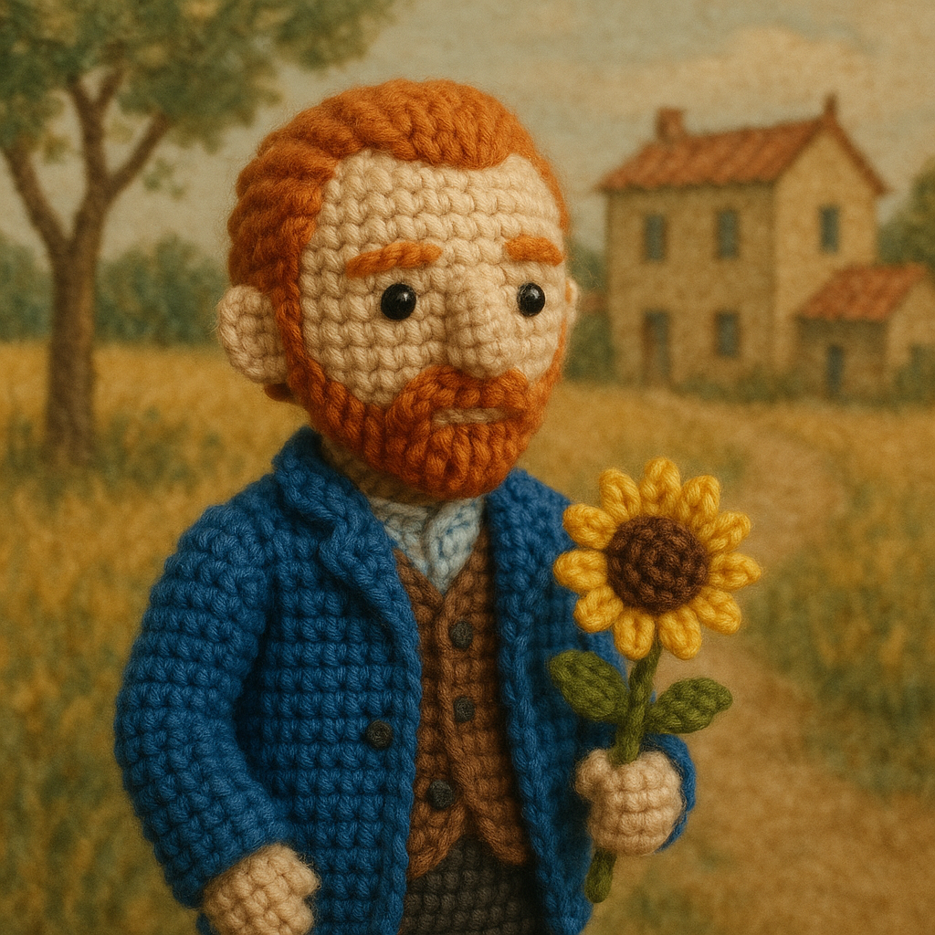 !gpt4o A crochet doll-style of Vincent van Gogh, made with soft yarn textures and intricate handcra…