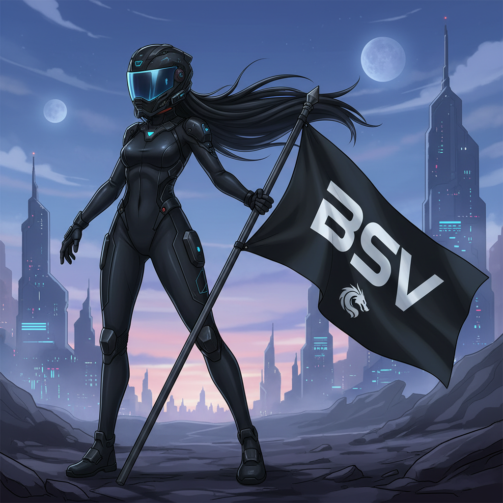 !nb animated girl who wearing all black with helmet holding a BSV flag