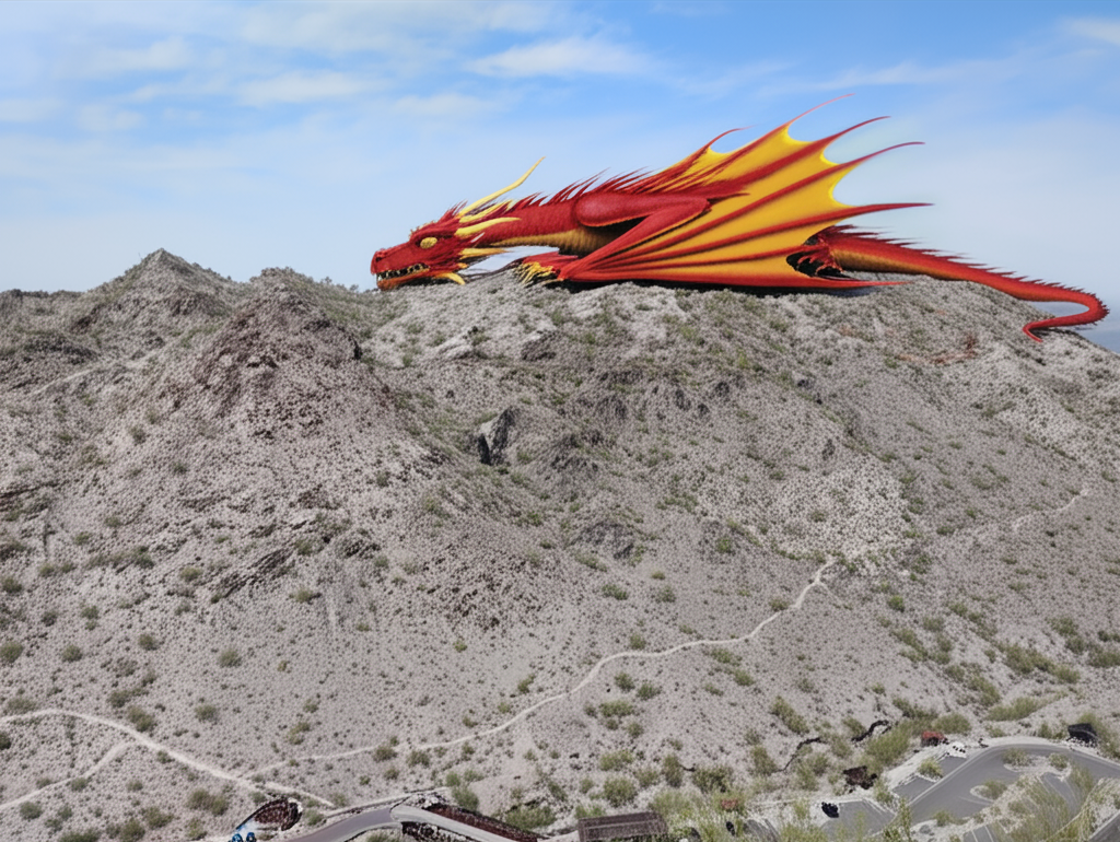!edit add a giant realistic red fire dragon laying on the mountain taking a nap